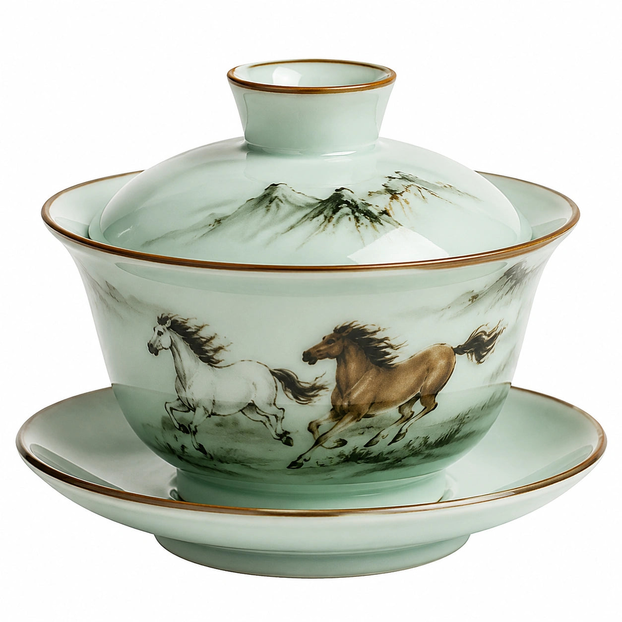 Gaiwan en Porcelaine Verte avec Motif Paysage Montagneux