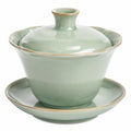 Gaiwan en porcelaine céladon gravé motif bambou avec couvercle et soucoupe
