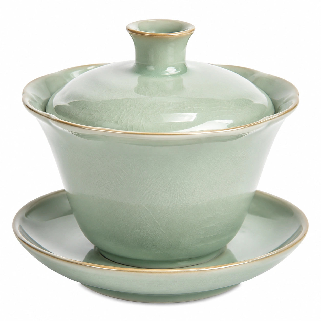 Gaiwan en porcelaine céladon gravé motif bambou avec couvercle et soucoupe