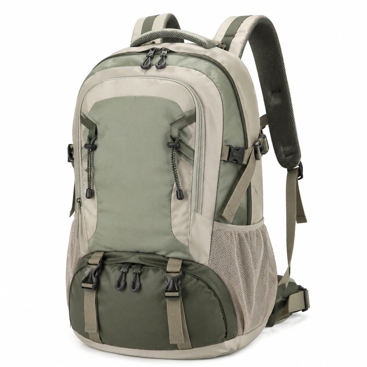 Sac à dos beige avec poche frontale et compartiments multiples
