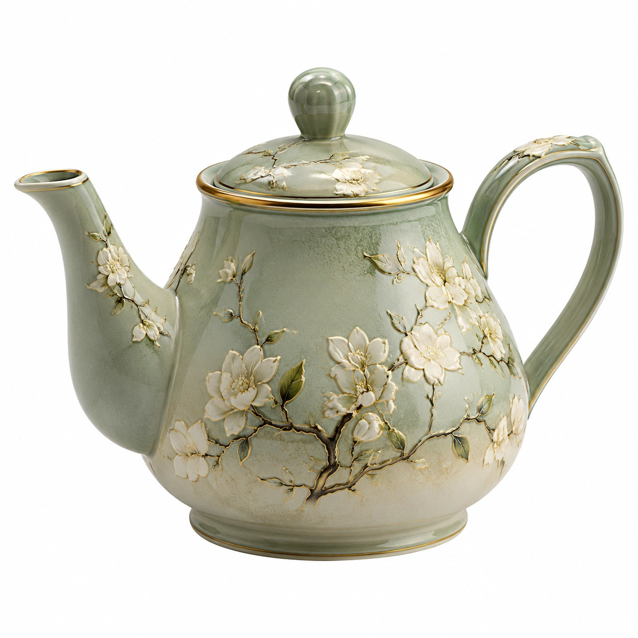 Théière en porcelaine avec détails dorés 1L vert clair