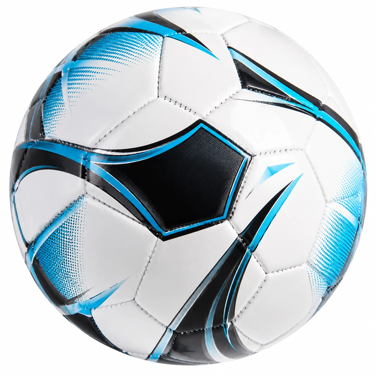 Ballon de football blanc, noir et bleu avec coutures manuelles